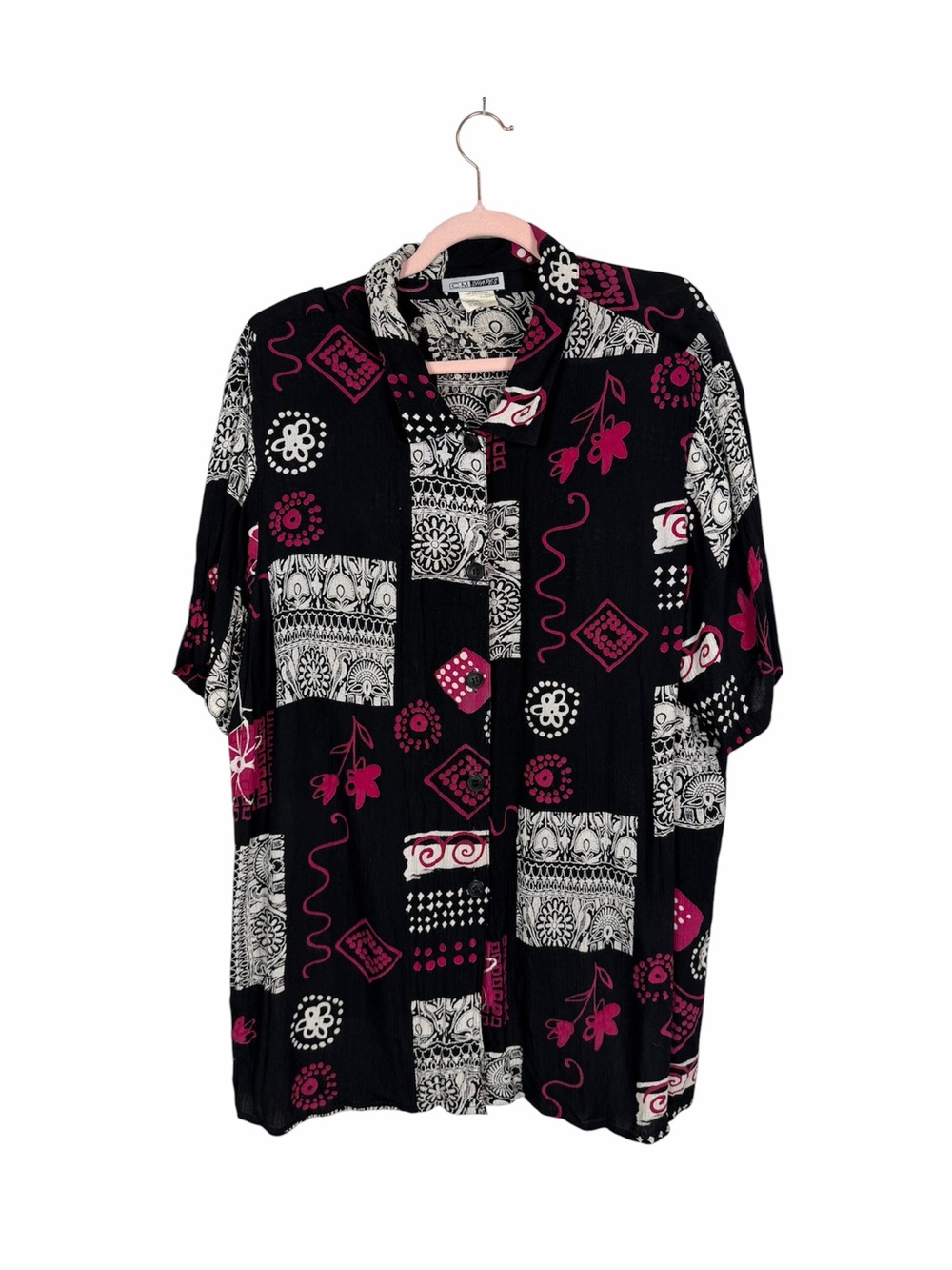 Vintage C.M. Shapes Blouse Abstract Floral Button Front Shirt Rayon Retro 90s